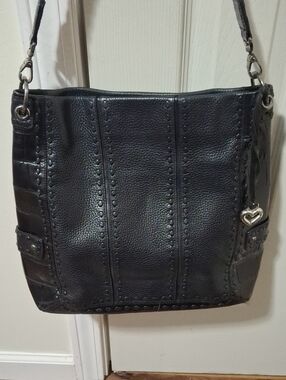 Brighton Black Leather Stud-Trim Shoulder Bag with Heart Charm